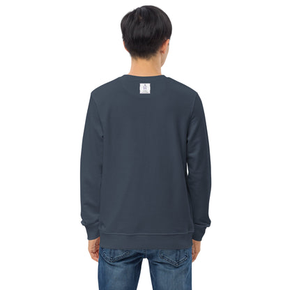 The back of the navy sweatshirt, highlighting the minimalist style and the Anke Wonder label near the neckline.