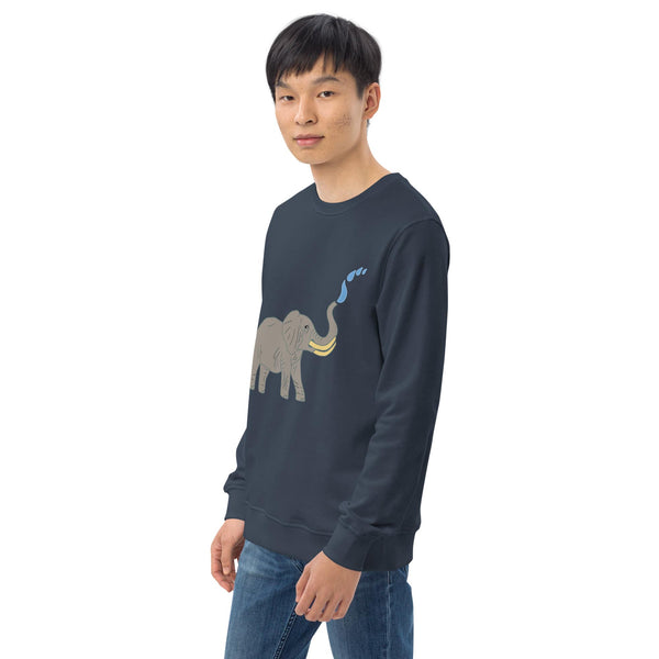 Side view of men's navy sweatshirt showcasing the minimalist elephant design on the left chest with a simple, sketch-like style.