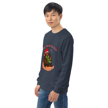 Man wearing a navy sweatshirt with a christmas rabbit graphic design on a white background