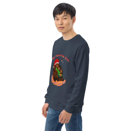 Man wearing a navy sweatshirt with a christmas rabbit graphic design on a white background