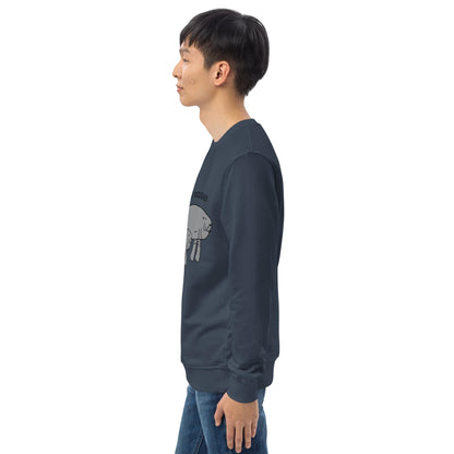 A side profile of the navy sweatshirt, emphasizing the classic fit and soft texture.
