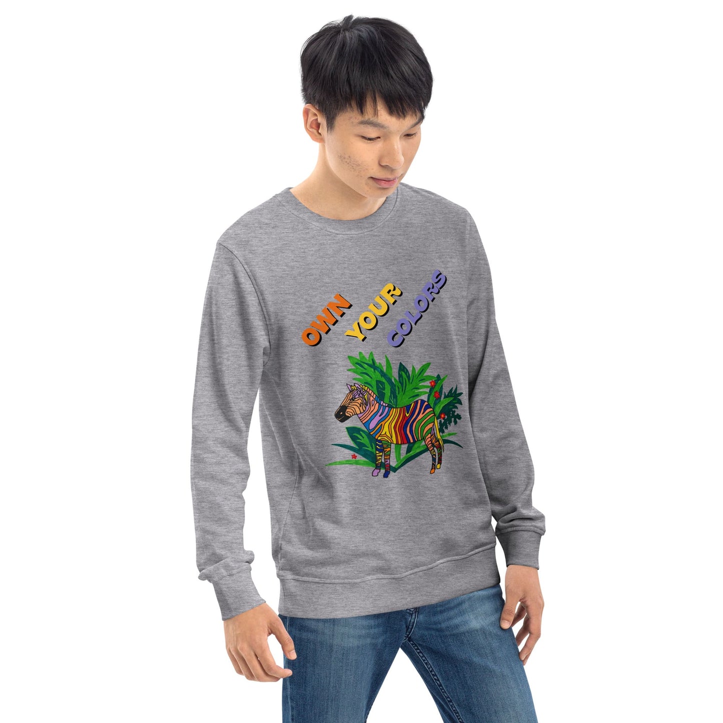 Man wearing a gray sweatshirt with colorful zevra graphics and text -Own your colors on a white background