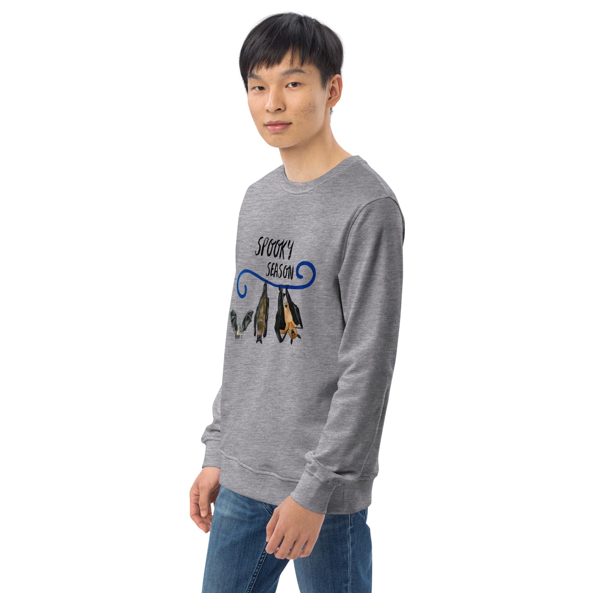 Man wearing a gray sweatshirt with a bat graphic design on a white background