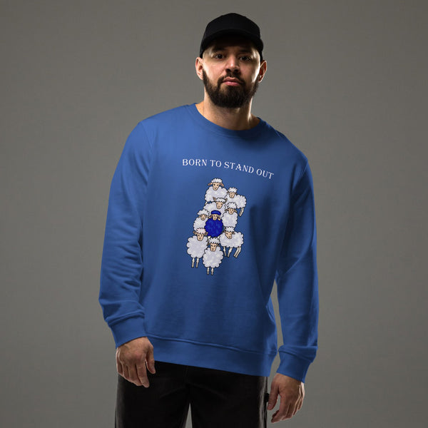 A male model wearing the "Born to Stand Out" Blue Sheep Cotton Sweatshirt, showcasing the bold blue sheep design on the front.