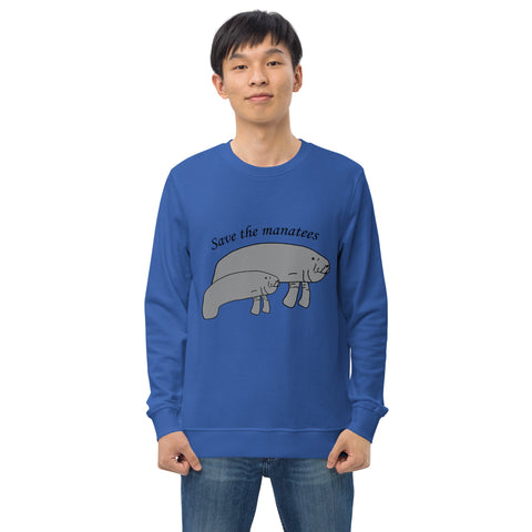 A model wears a blue 'Save the Manatees' sweatshirt, with the vibrant manatee design prominently displayed.