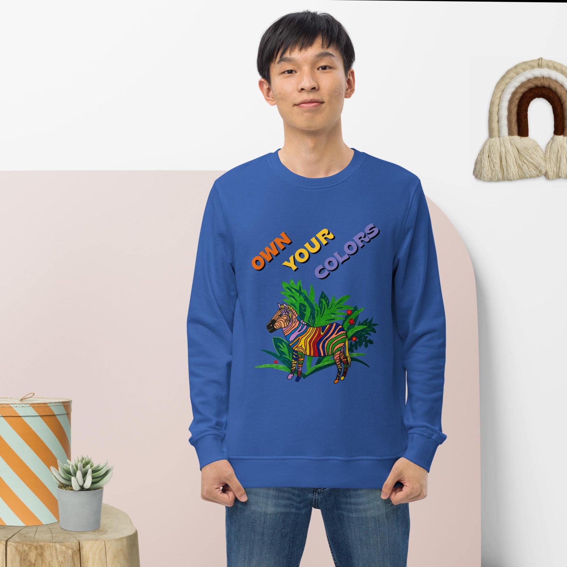 'Own your colors' Zebra Men's Organic Cotton Sweatshirt (Grey & Blue) - Anke Wonder LLC
