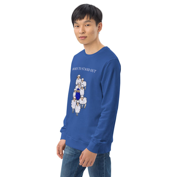 A male model in a side pose wearing the "Born to Stand Out" sweatshirt, highlighting the relaxed fit and comfortable cotton fabric.