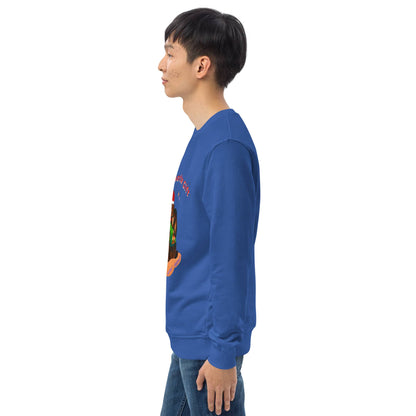 Side of man wearing a blue sweatshirt with a colorful christmas graphic on the back, standing against a white background