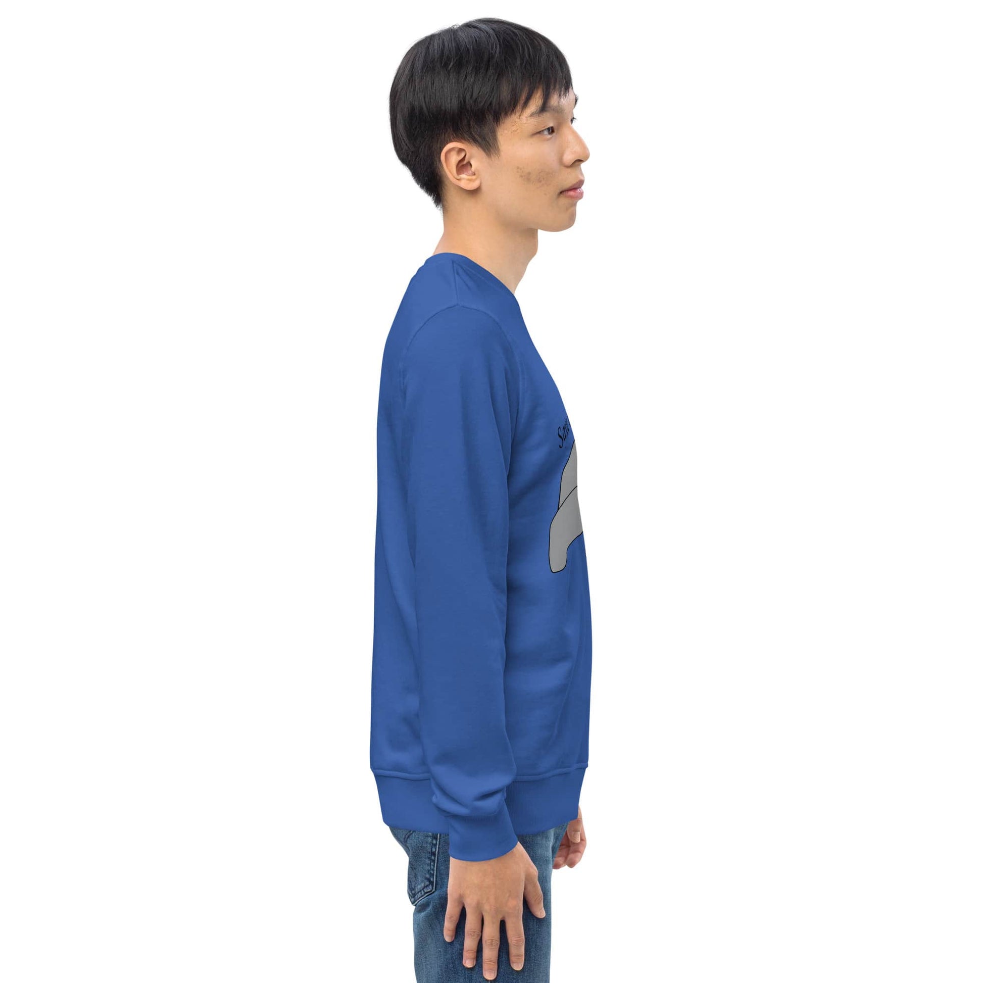 A side profile of the blue sweatshirt, highlighting the comfortable cut and sustainable materials.