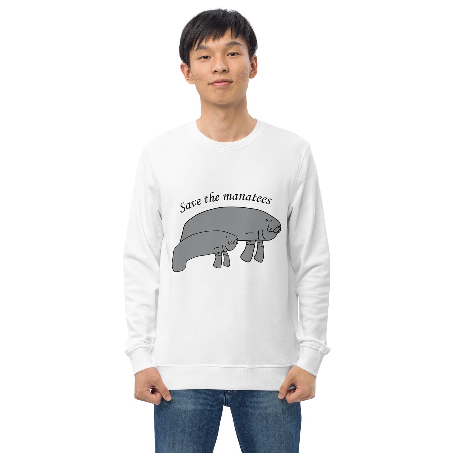 A model wears a white 'Save the Manatees' sweatshirt, showcasing the detailed design of two manatees on the chest.