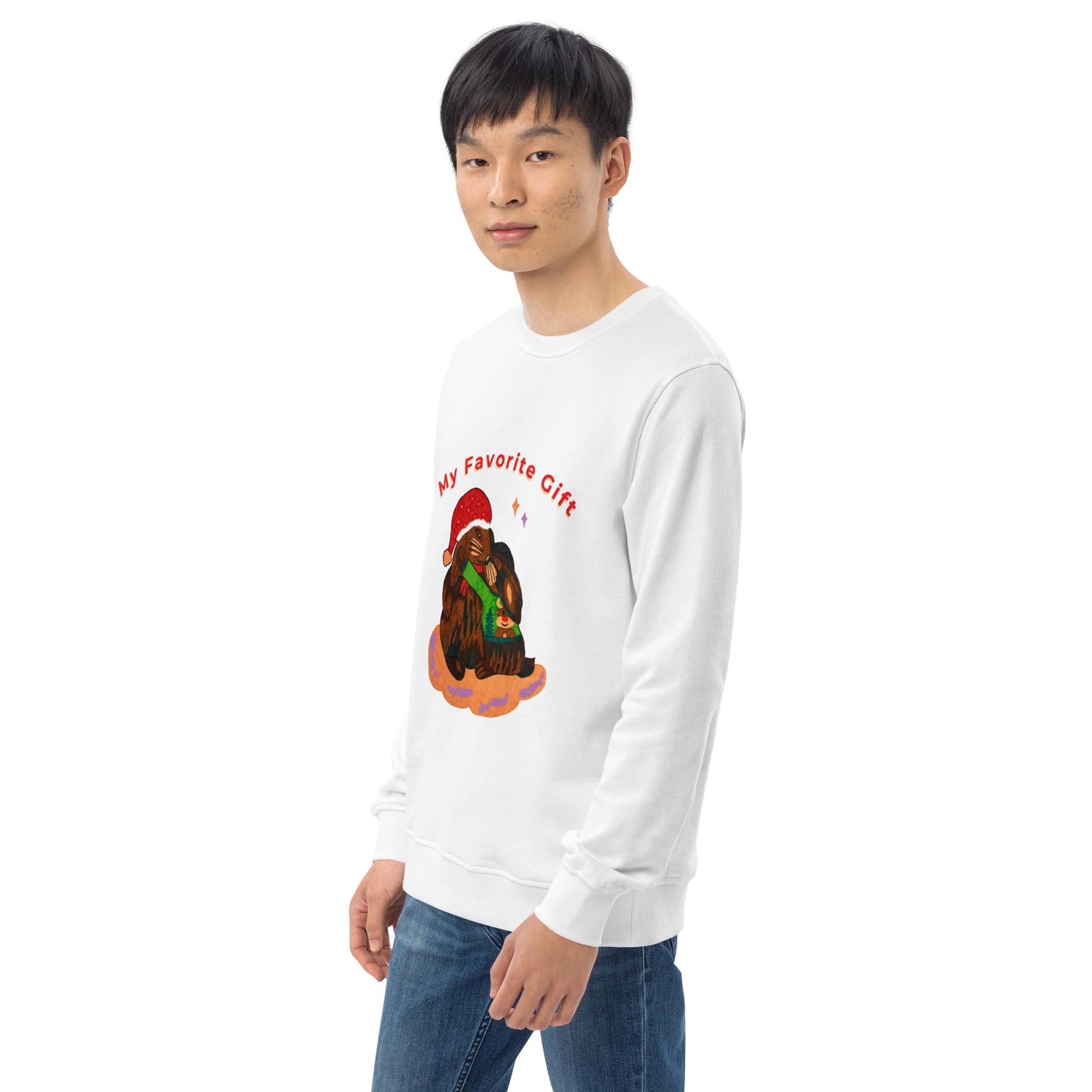 Man wearing a white long-sleeve shirt with a graphic rabbit christmas design on a white background