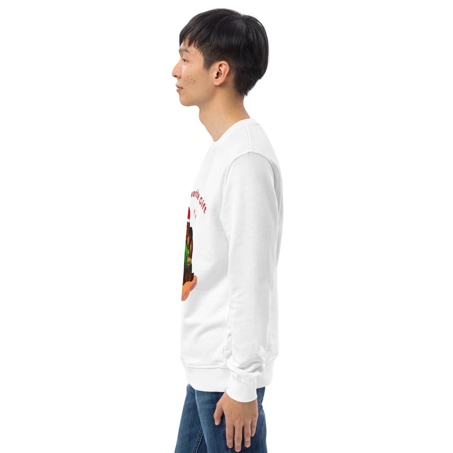 Side view of man wearing a white sweatshirt with colorful christmas graphics on a white background