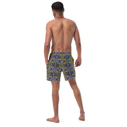 Man wearing tropical bird swim trunks, showing back design.