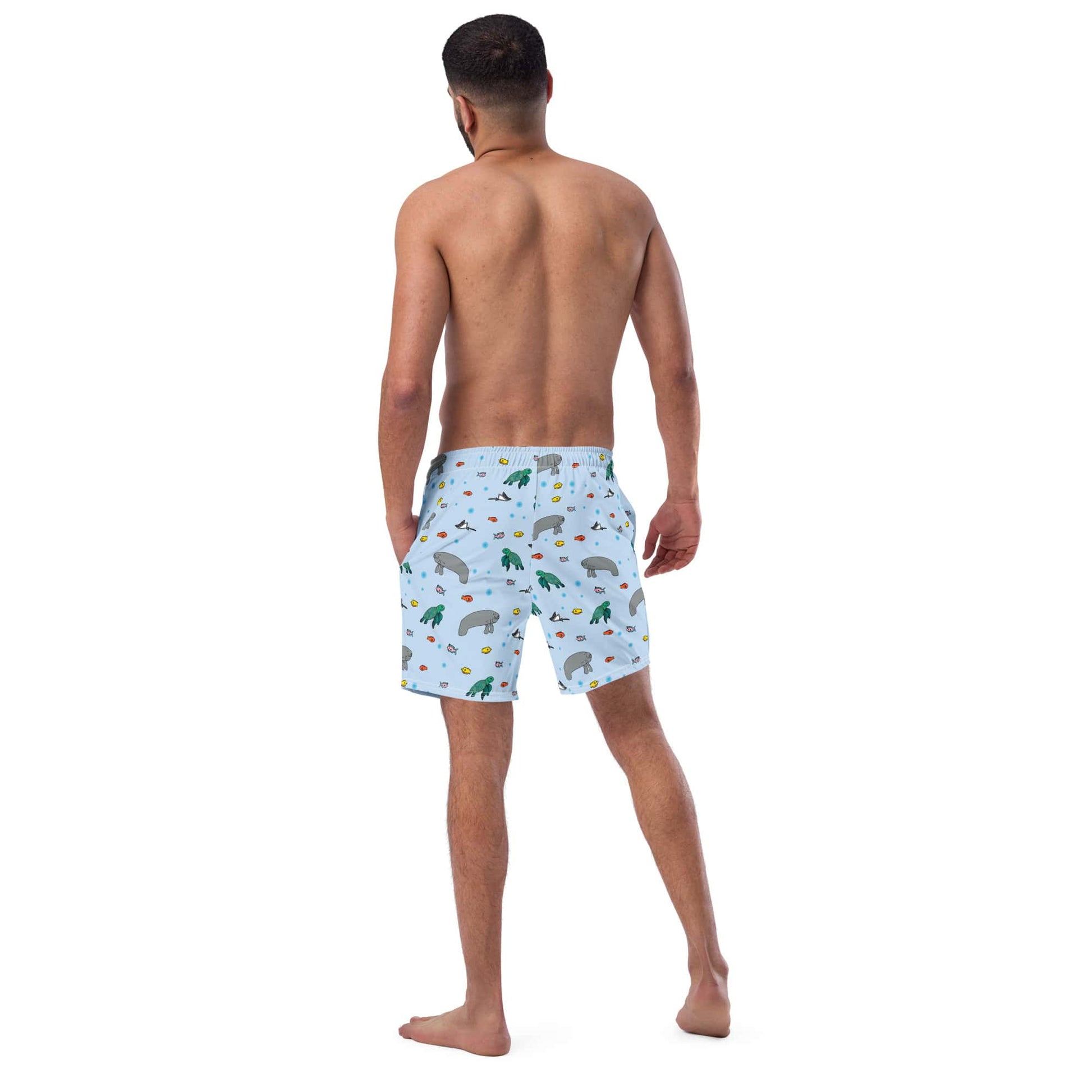 Back view of men’s swim trunks with a stylish turtle and manatee print, made from sustainable fabric.