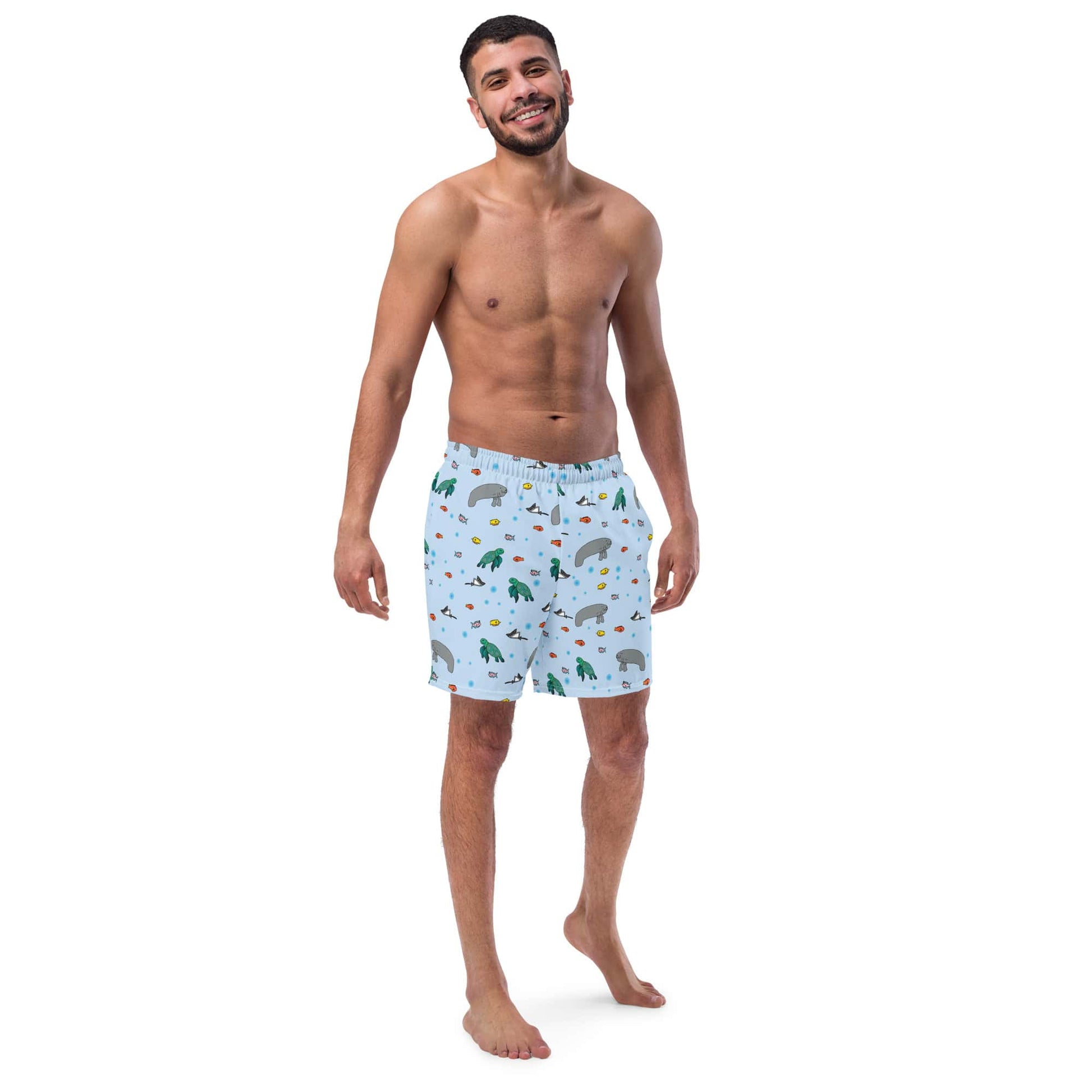 Men’s swim trunks with turtle and manatee graphic, made from recycled polyester.