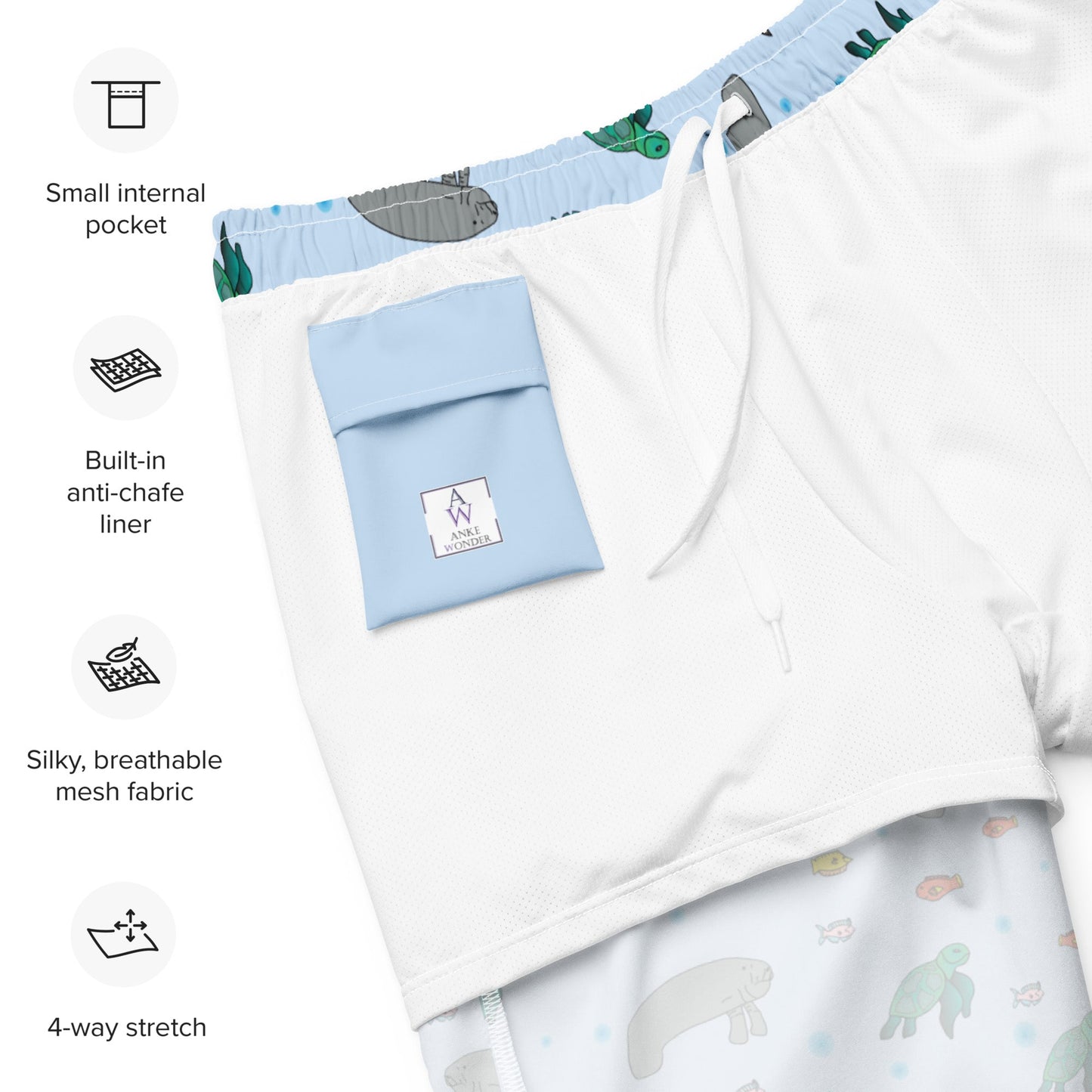 Detailed view of the inside pocket on men’s swim trunks with Anke Wonder label, designed for convenience.