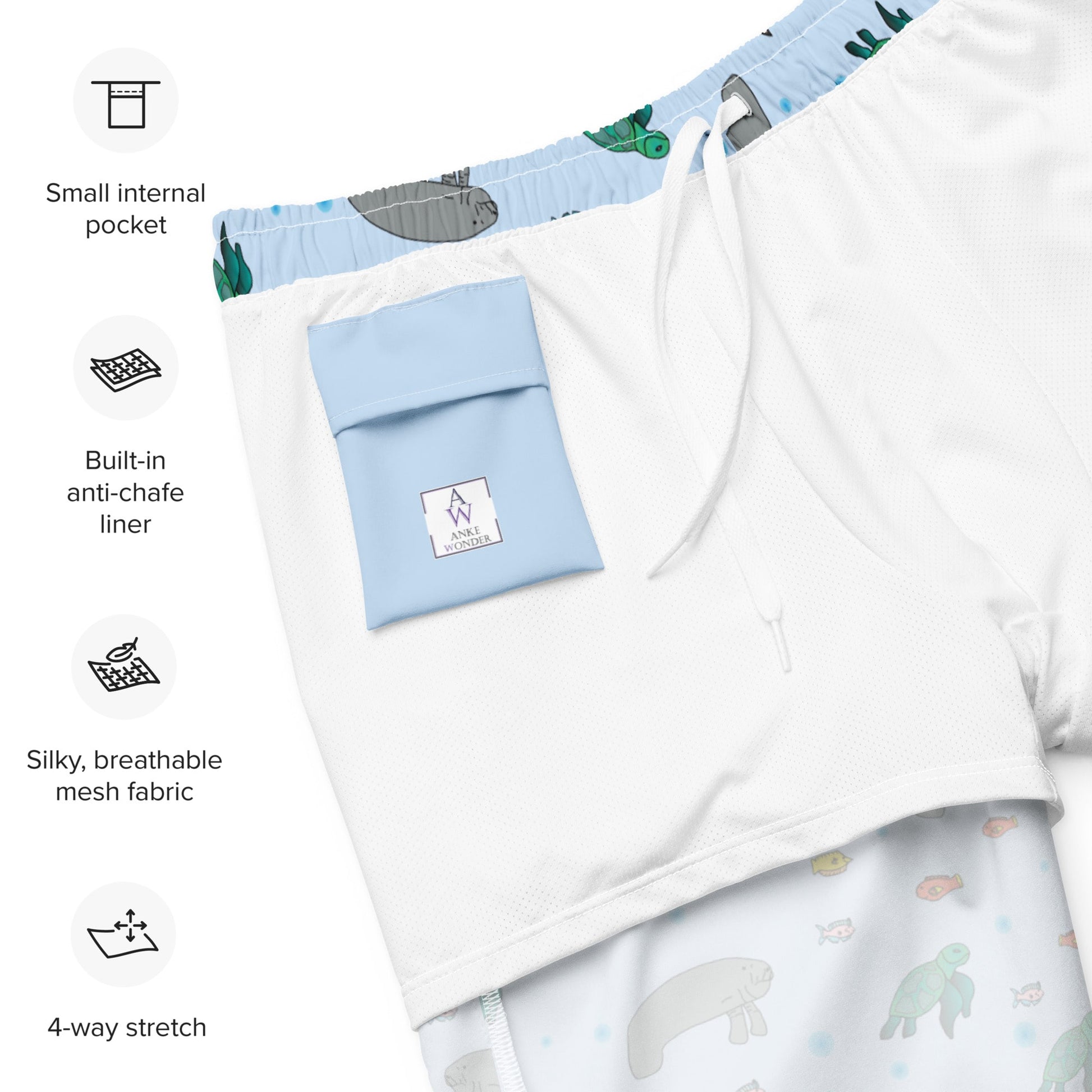 Detailed view of the inside pocket on men’s swim trunks with Anke Wonder label, designed for convenience.