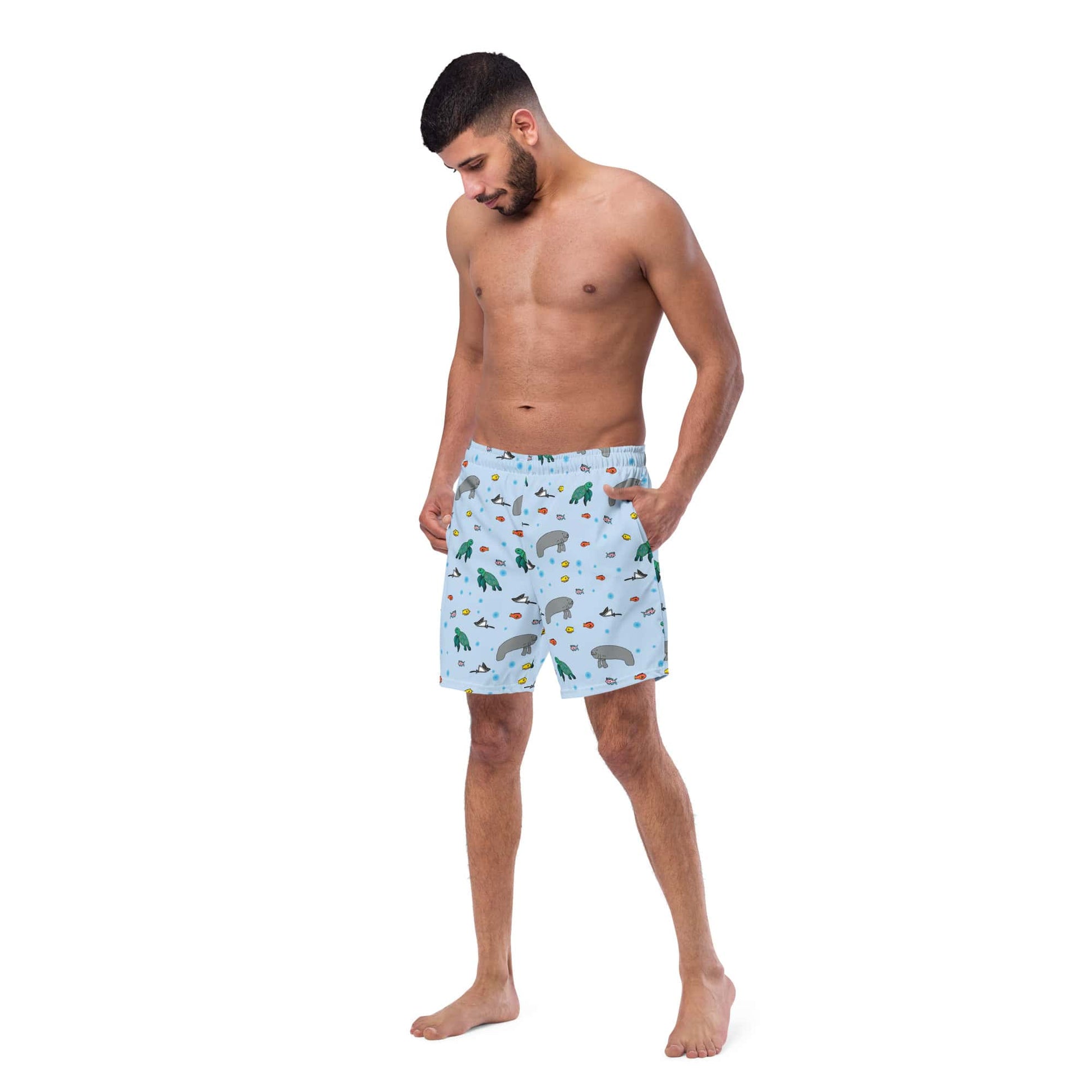 Left-side view of men’s swim trunks featuring a unique turtle and manatee print.