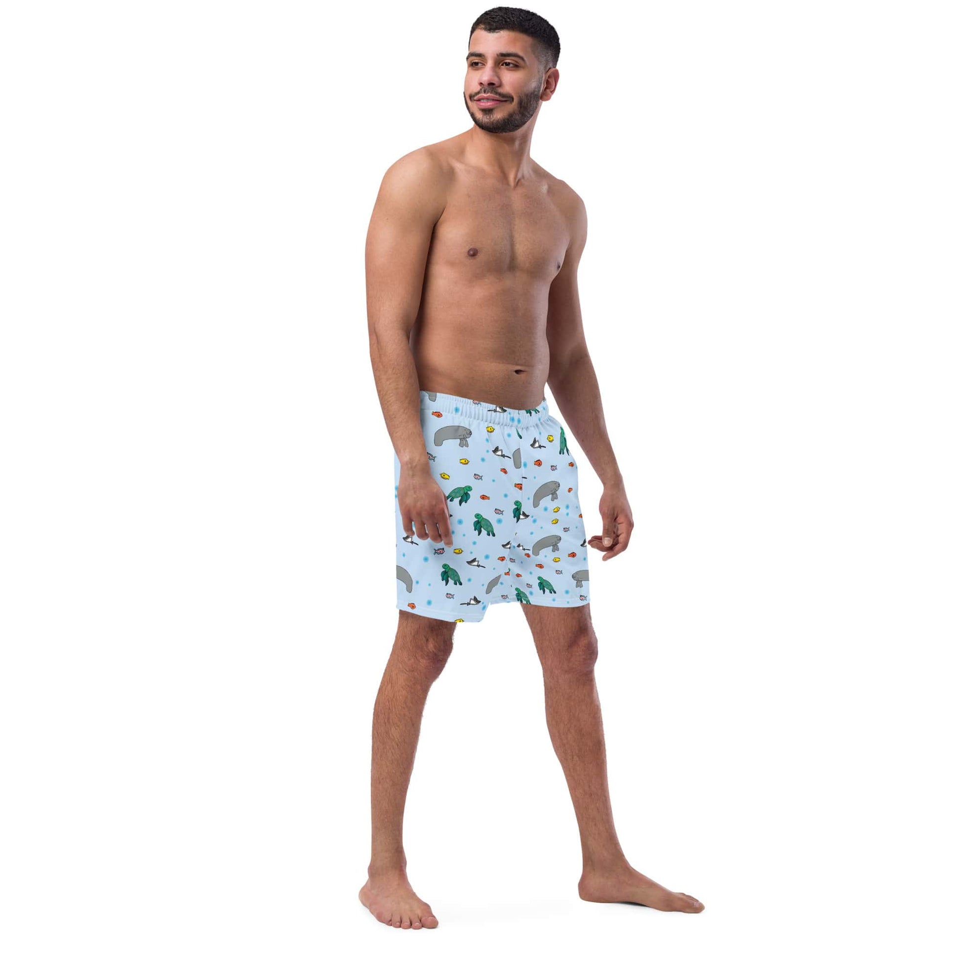 Right-side view of men’s swim trunks with eco-friendly fabric and ocean-inspired design.