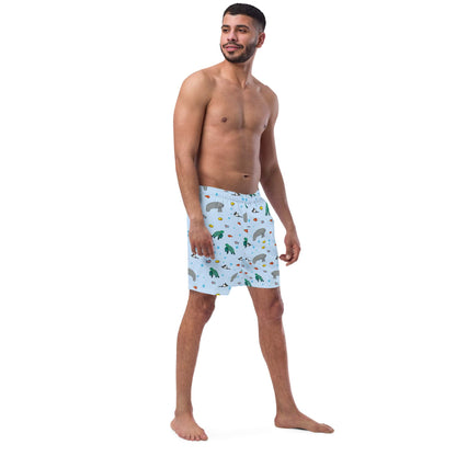 Right-side view of men’s swim trunks with eco-friendly fabric and ocean-inspired design.