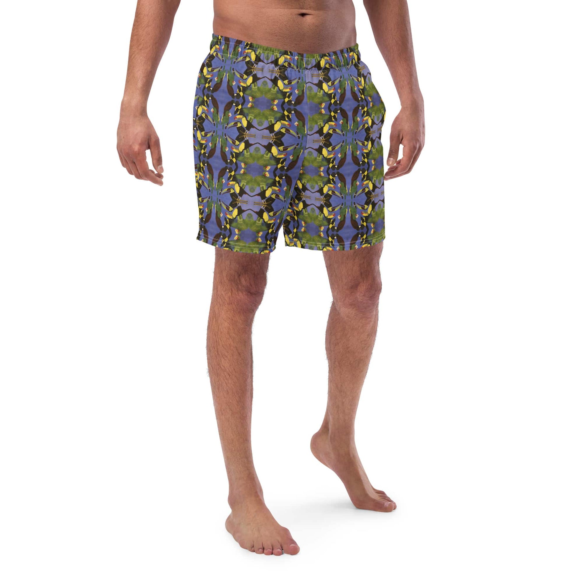 Close-up front of men tropical bird swim trunks, haindpaited design by Anke Wonder.