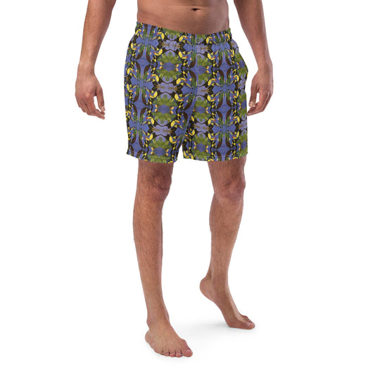Close-up front of men tropical bird swim trunks, haindpaited design by Anke Wonder.