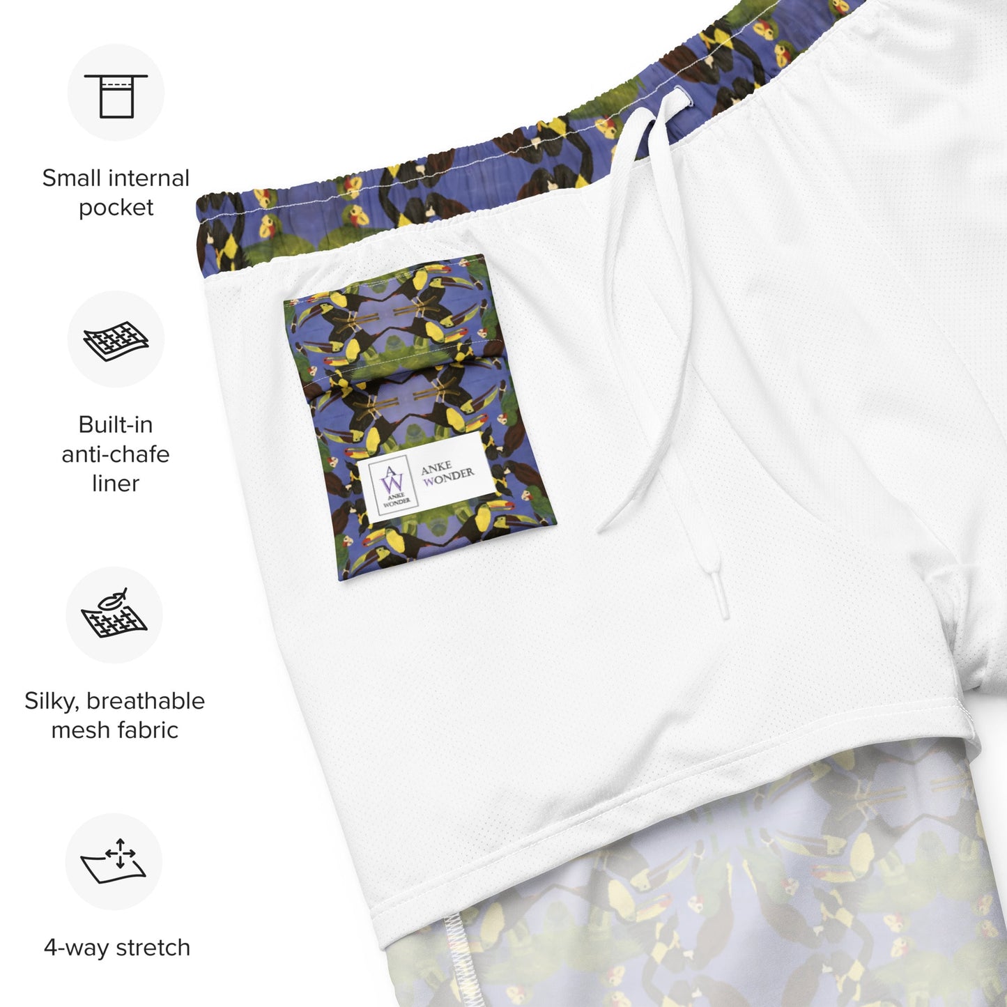 Close-up of inside pocket and anke wonder label of men tropical bird pattern sim trunks.