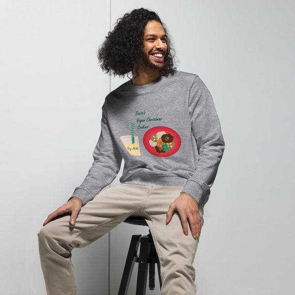 Man Wearing Men's Organic Cotton Christmas Grey Melange Sweatshirt - Front View - Santa’s Vegan Cookies Design