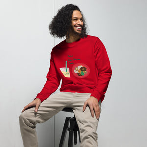 Man Wearing Men's Organic Cotton Christmas Red Sweatshirt - Front View - Santa’s Vegan Cookies Design