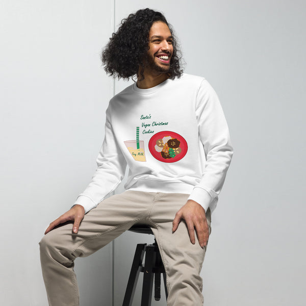 Man Wearing Men's Organic Cotton Christmas White Sweatshirt - Front View - Santa’s Vegan Cookies Design