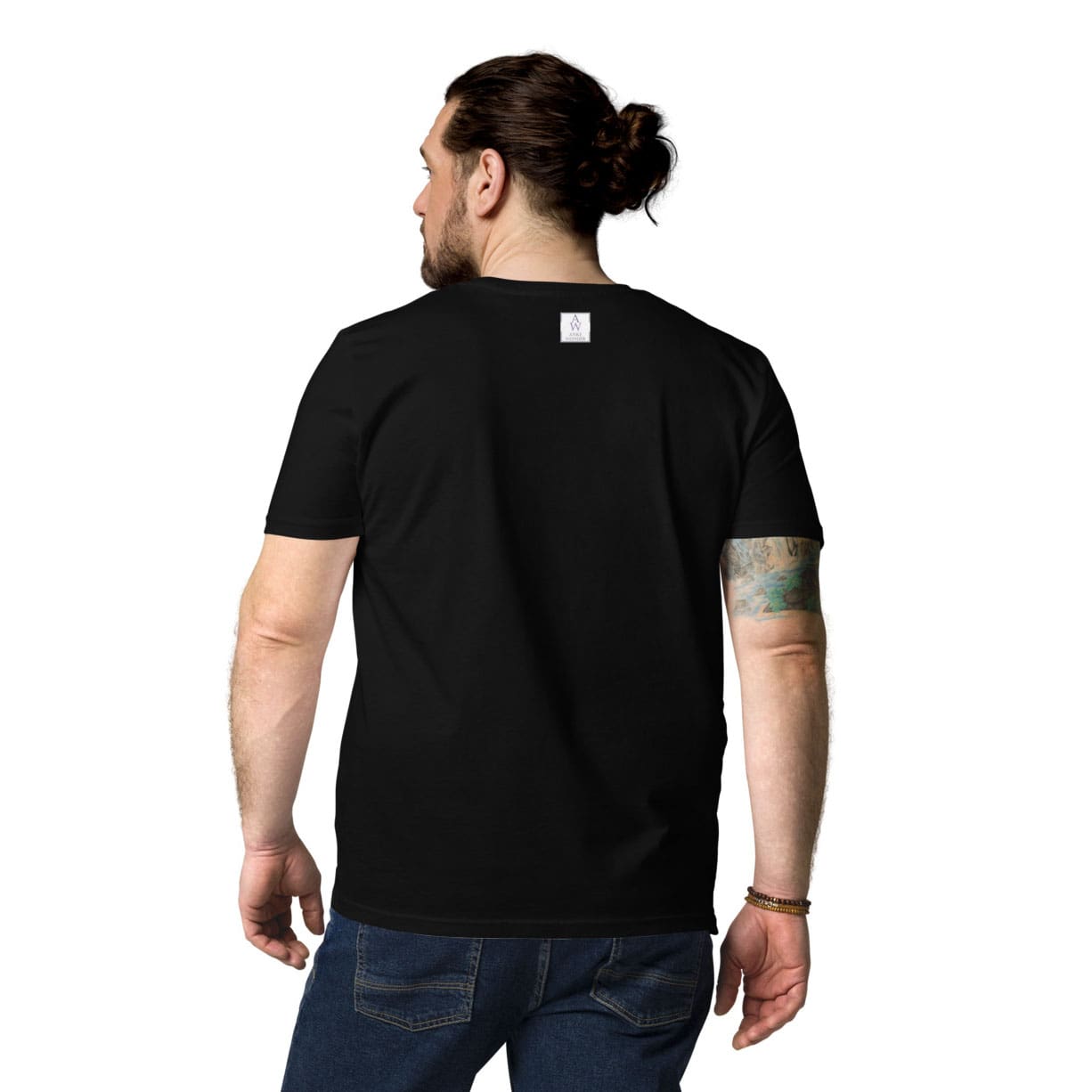 Back view of a men's organic cotton t-shirt in black by Anke Wonder. Simple, eco-friendly design with a comfortable fit.
