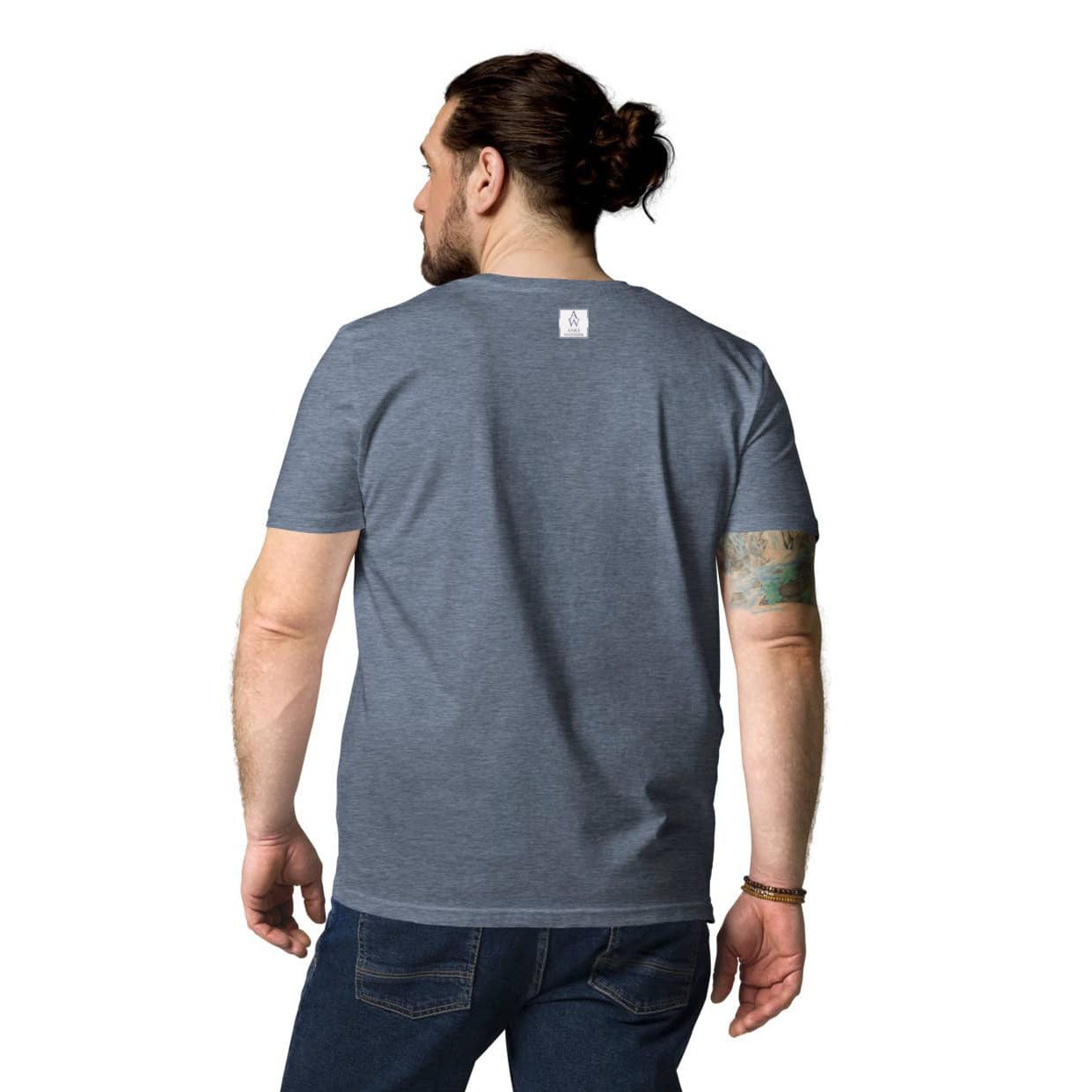 Back view of a men's organic cotton t-shirt in heather blue by Anke Wonder. Simple, eco-friendly design with a comfortable fit.