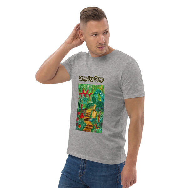 Man wearing a gray t-shirt with a colorful tropical graphic with staircase and 'Step by Step' text on a white background