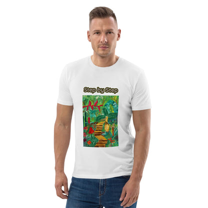 Man wearing a white t-shirt with a colorful artwork of tropics and 'Step by Step' text on a white background