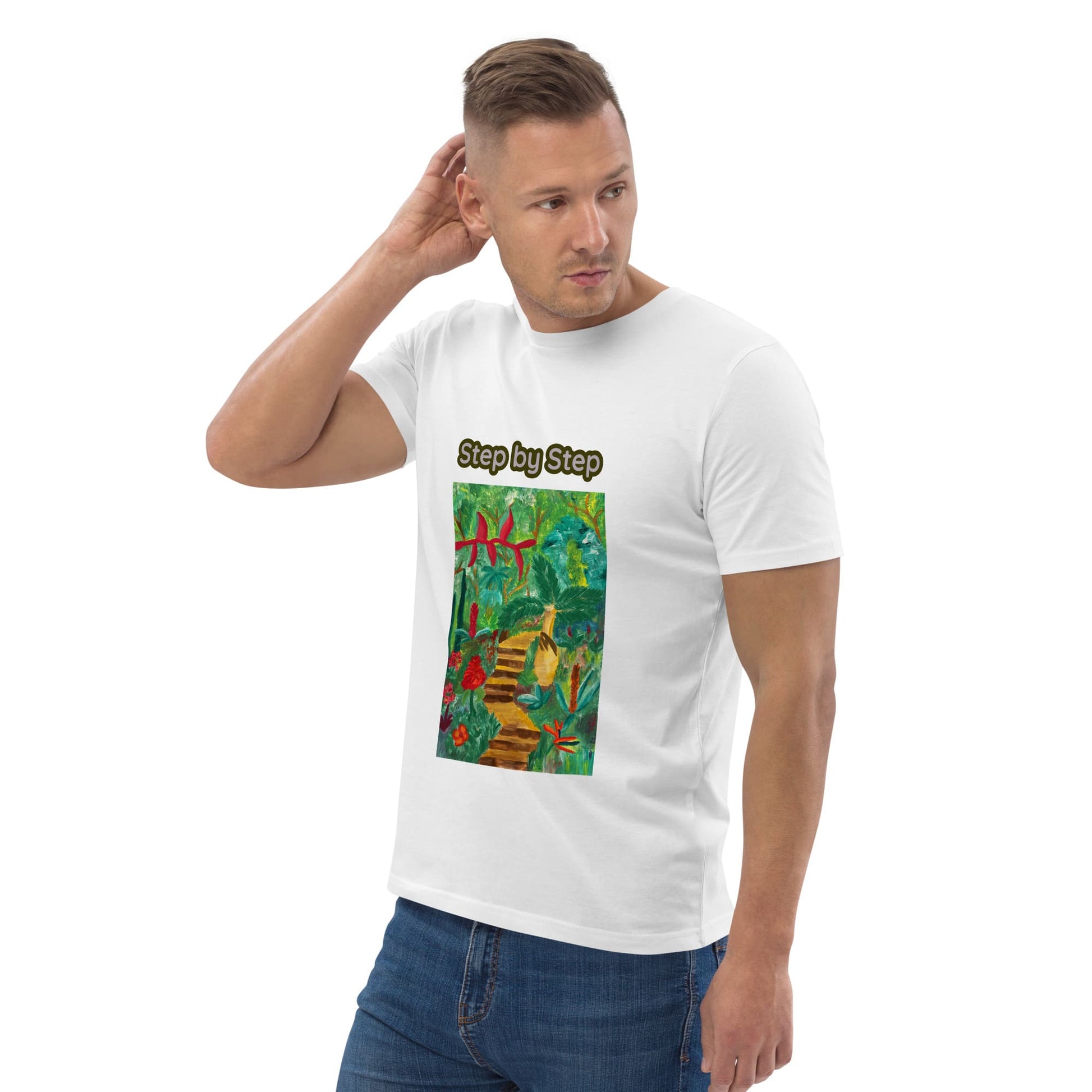 Man wearing a white t-shirt with a colorful tropical graphic and text 'Step-byStep' on a white background