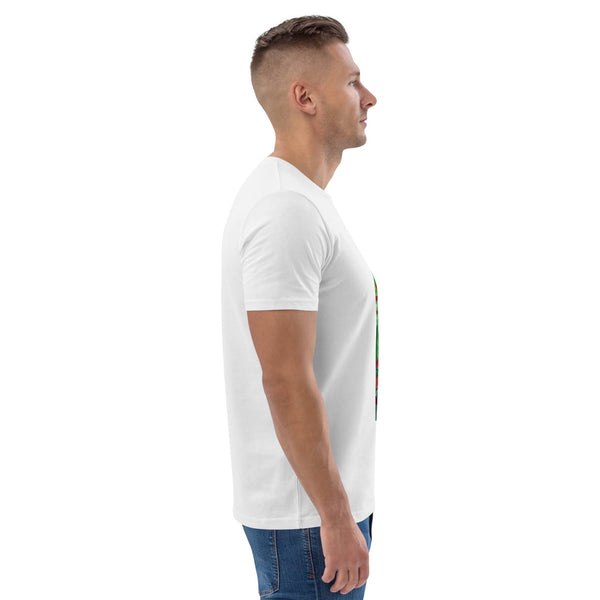 Side view of man wearing a white t-shirt with a colorful artwork on a white background