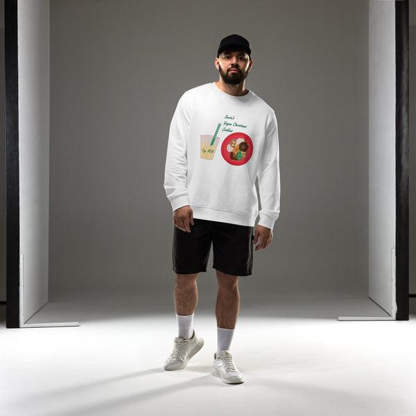 Front View of Man Wearing Men's Organic Cotton Christmas White Sweatshirt - Santa’s Vegan Cookies Design