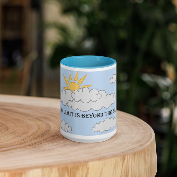 Front view of the "My Limit is Beyond the Sky" blue ceramic 15 oz mug with a motivational design.