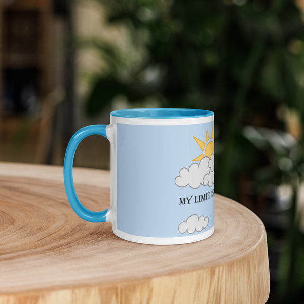 Side view of the "My Limit is Beyond the Sky" blue ceramic 11 oz mug showcasing its elegant design.