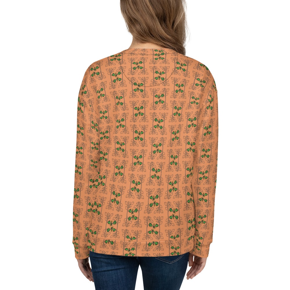Back view of the Acorn and Oak Vine Women's Sweatshirt with a terracotta orange background fully adorned with a cascading oak leaf and acorn pattern, emphasizing its elegant and eco-conscious style.