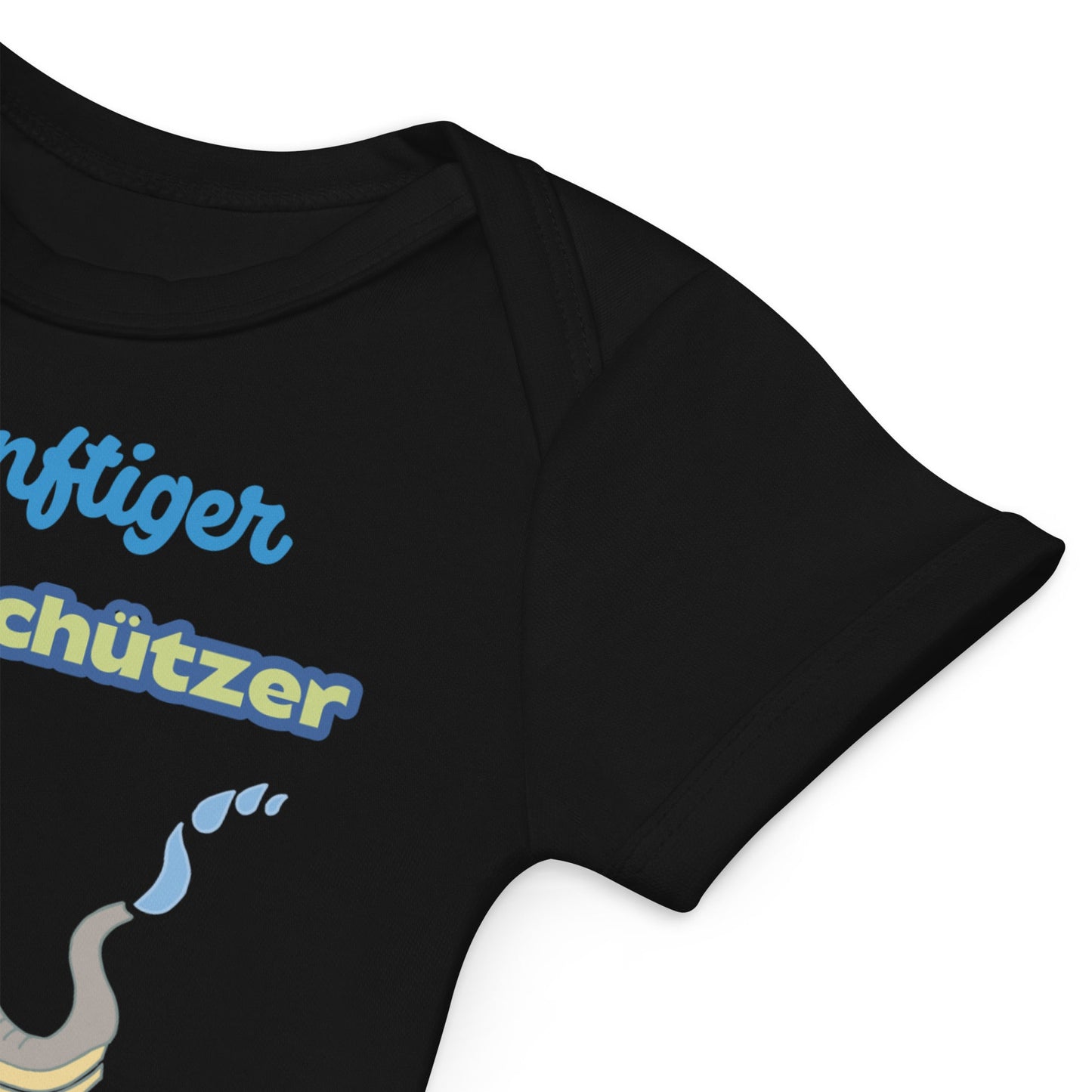 Soft and stretchy envelope neckline for easy dressing of black baby onesie with blue text and graphic.