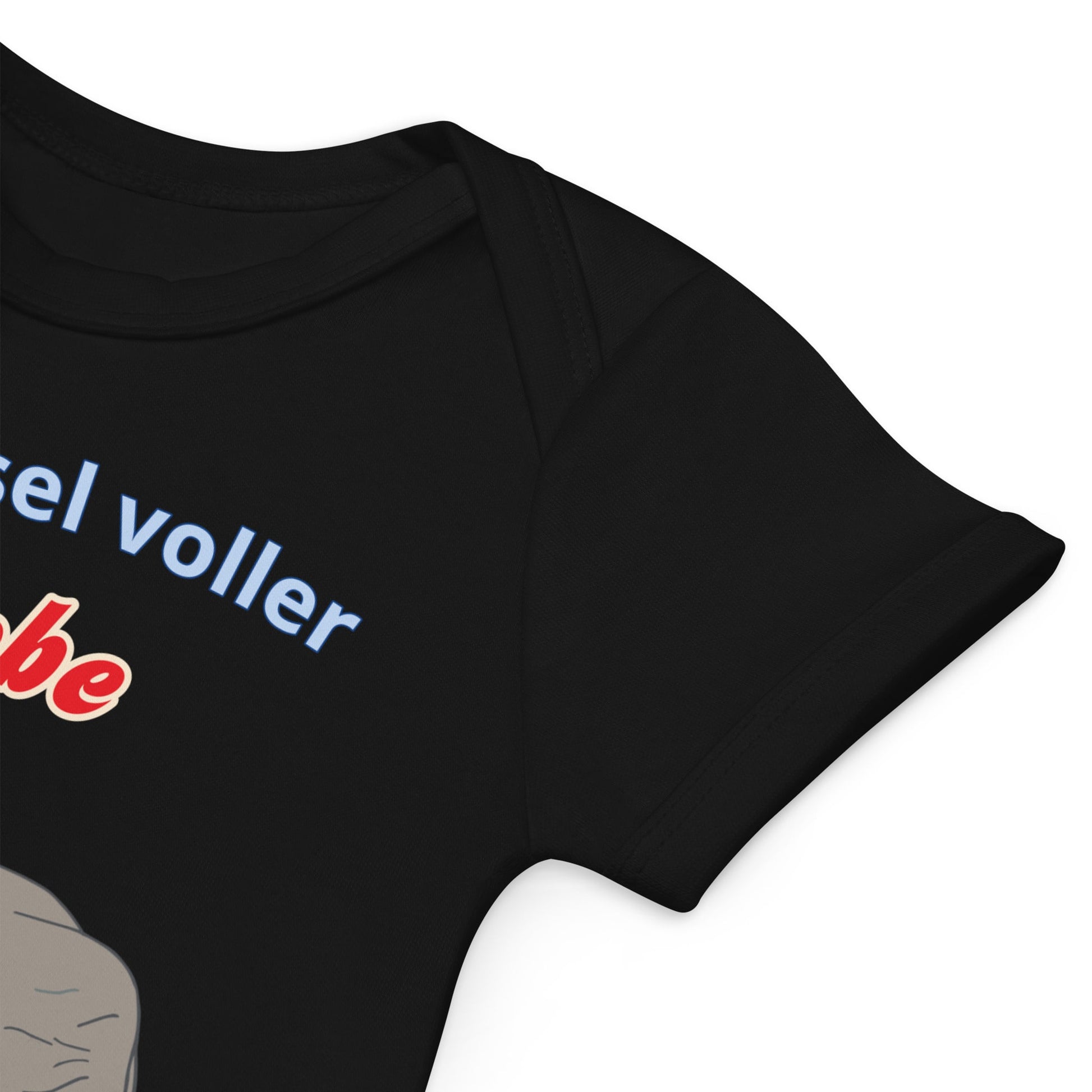 Quality stitching on the sleeves of a black organic cotton baby bodysuit with elephant design.