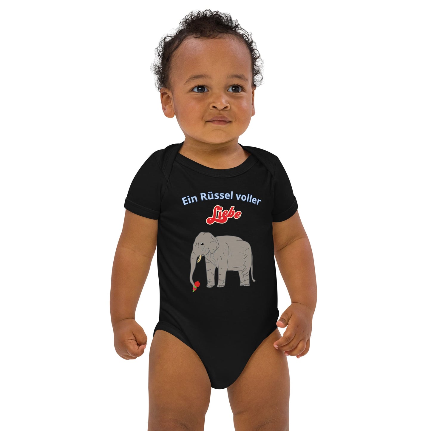 Black baby bodysuit with elephant design and flower in trunk worn by Baby Boy.
