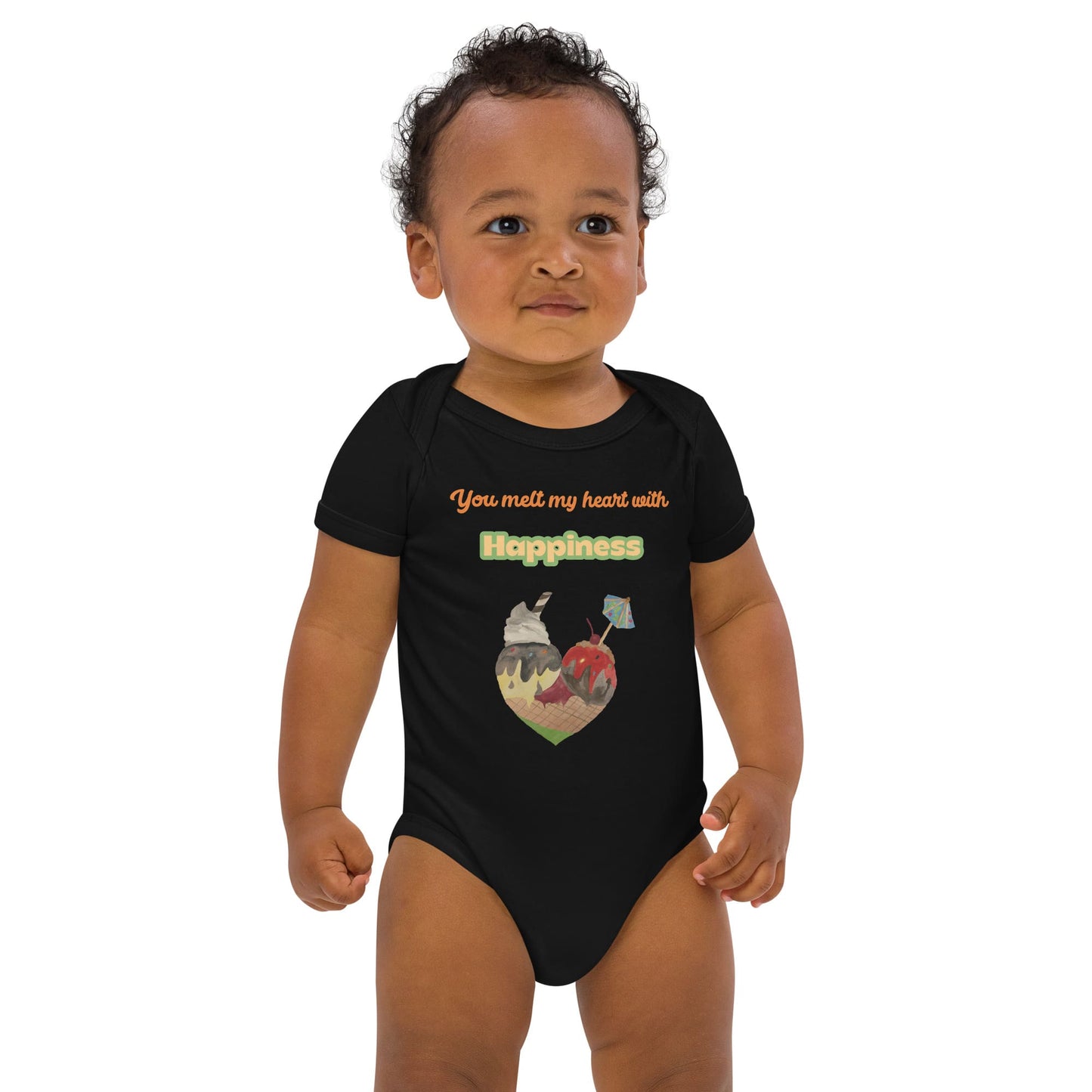 Baby Boy wearing black baby bodysuit with “You melt my heart with Happiness” and heart cone print.