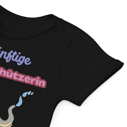 Soft and stretchy envelope neckline of black baby bodysuit for easy dressing.