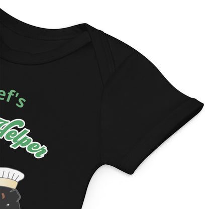 Soft organic cotton black baby bodysuit sleeve with guinea pig design, highlighting stitching and durability.