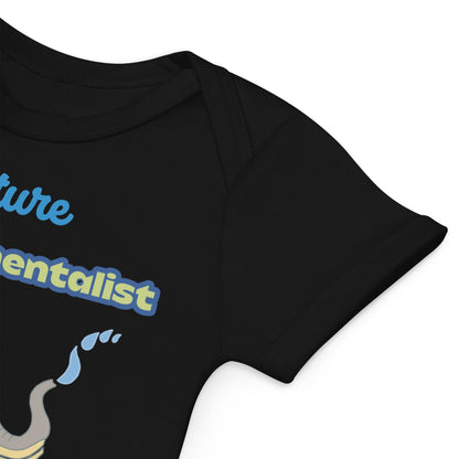 Soft, stretchy envelope neckline for easy dressing of black baby bodysuit by Anke Wonder.