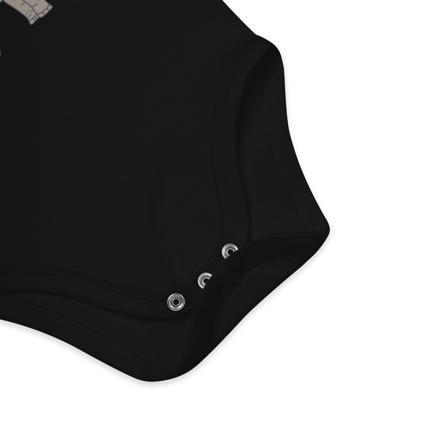 Nickel-free, secure snap fasteners for easy diaper changes on black organic cotton baby bodysuit with elephant design.