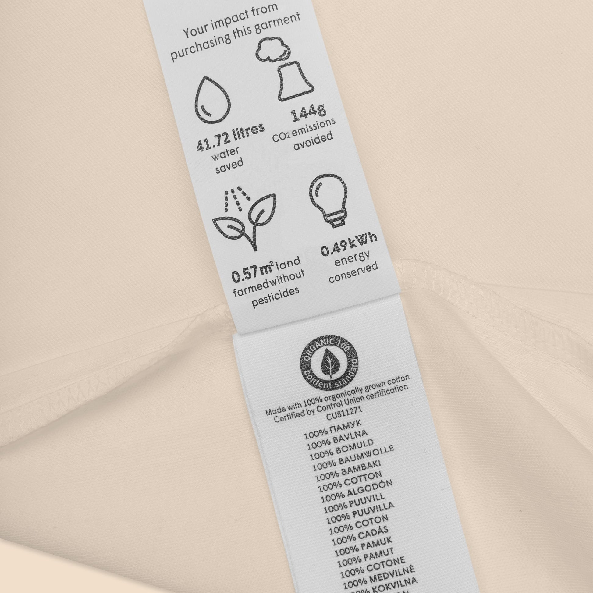 Certified organic cotton label on a baby bodysuit, highlighting the benefits of the eco-friendly fabric.