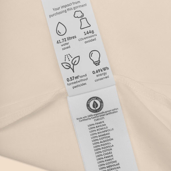 Certified organic cotton label on a baby bodysuit, highlighting the benefits of the eco-friendly fabric.